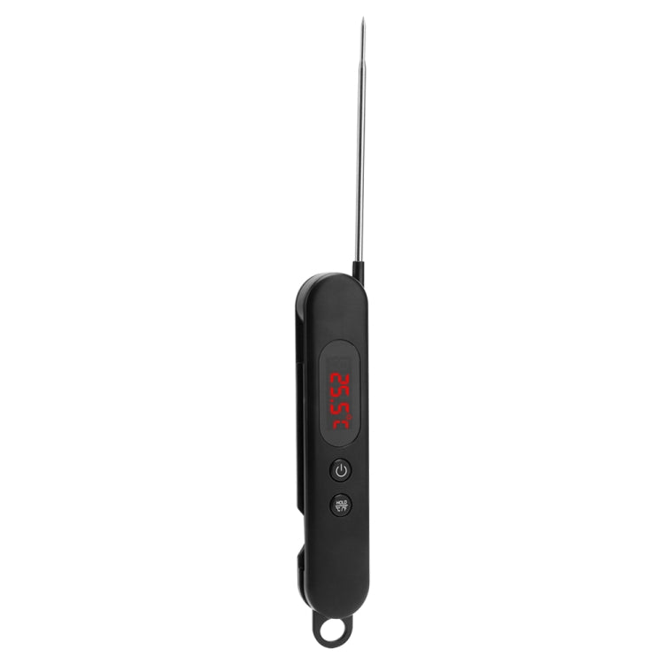 Digital meat thermometer with black body and long stainless probe, side view.