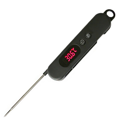 Digital meat thermometer with long stainless probe and red LED temperature display.