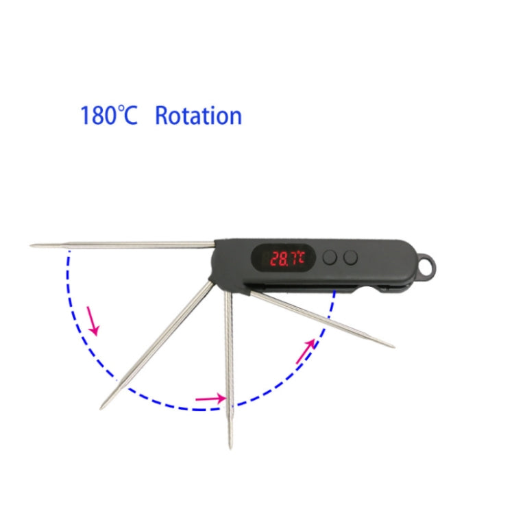Digital meat thermometer with long stainless probe and red temperature LED display.