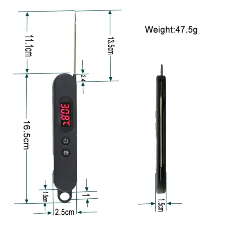 Compact digital meat thermometer with black body, red screen, and stainless probe.