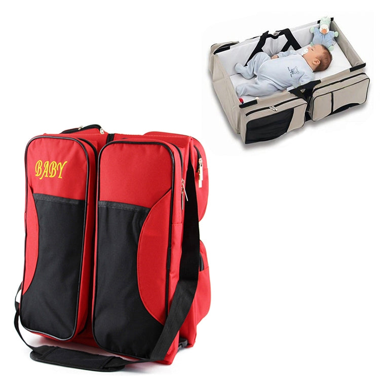 Red and black portable baby travel foldable bed bag with zip compartments and shoulder strap