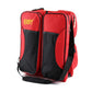 Red and black portable baby travel foldable bed bag, front view with multiple zip pockets