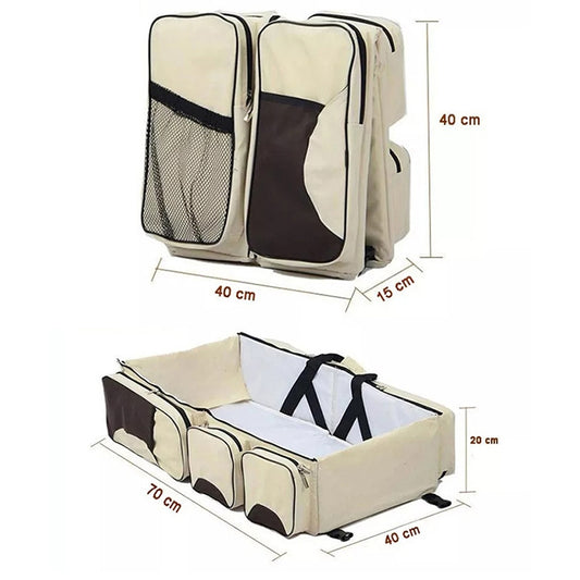 Beige and black portable baby travel foldable bed bag showing compact size and expanded bed