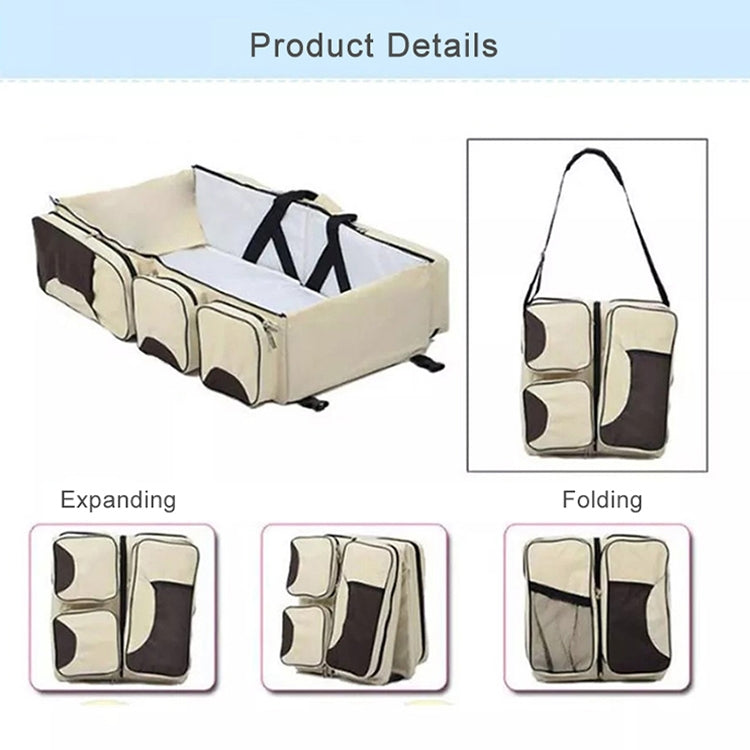 Beige and black portable baby travel foldable bed bag detail: expanding and folding sections