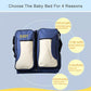 Blue and beige portable baby travel foldable bed bag, front view with zip front panels