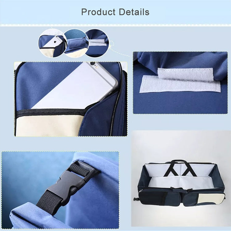 Blue and beige portable baby travel foldable bed bag close-up detail with straps and fabric label