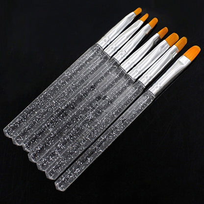 Nail art brush pen set with crystal glitter handles and orange tips, 7-piece pack