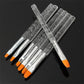 7-piece nail art brush pens with clear glitter bodies, silver ferrules, and orange tips