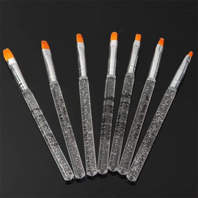 Seven nail art detail brushes with clear glitter barrels and orange brush tips