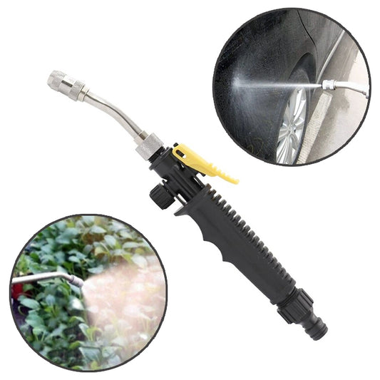 High-pressure water spray nozzle wand with black grip, yellow trigger, and silver connector