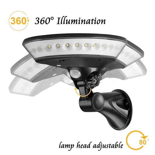 Black solar porch light with wide LED array, adjustable lamp head and sensor