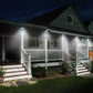 Outdoor front-porch solar wall lights glowing above steps and railings