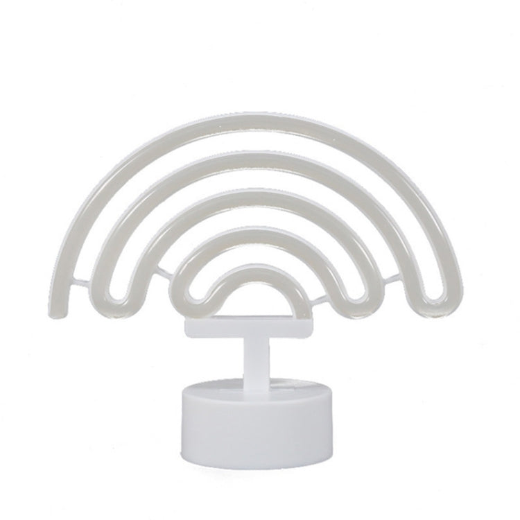 Rainbow neon night light, white unlit rainbow arc on round pedestal base
