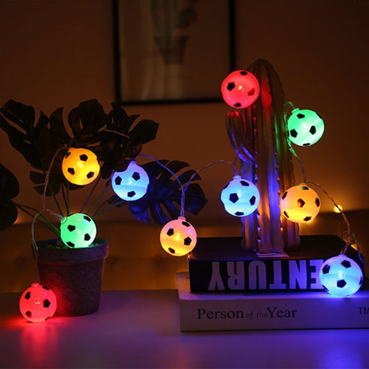 Multicolor soccer ball LED string lights, colored glowing balls on wire