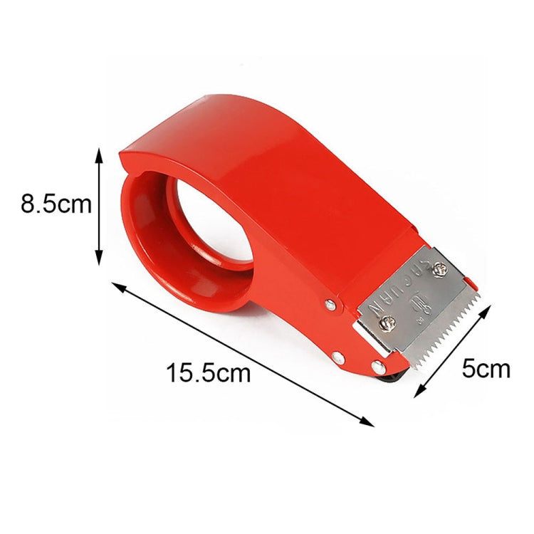 Red tape sealing cutter tool with serrated blade and size dimensions