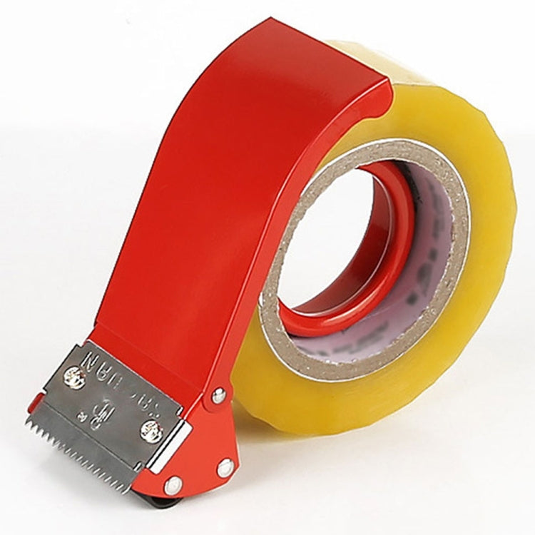 Red tape sealer holding yellow tape roll with metal cutter bar