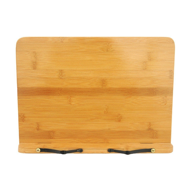 Foldable bamboo book stand with light board panel and black adjustable support feet