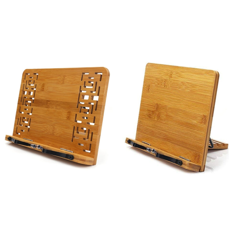 Bamboo book stand with carved lattice back panel, angled for tablet or cookbook