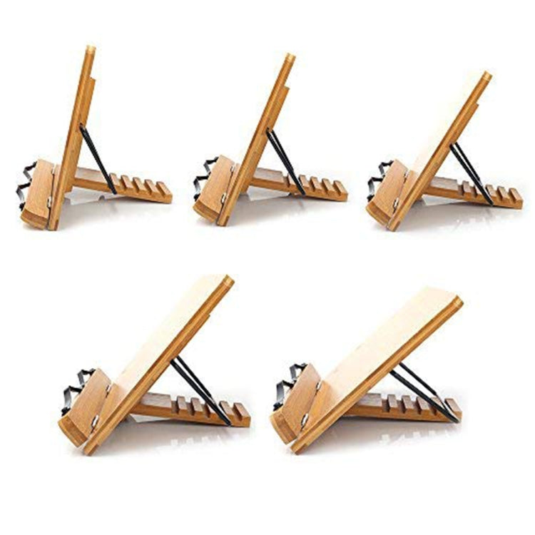 Foldable bamboo reading stand shown in multiple height angles with black base supports
