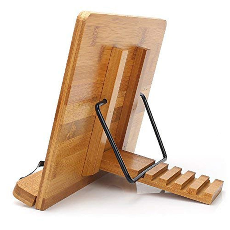 Angled bamboo book stand with black metal legs and slotted base for books