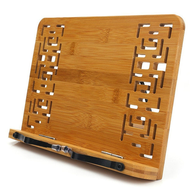 Bamboo foldable book stand with carved lattice side supports and black anti-slip feet