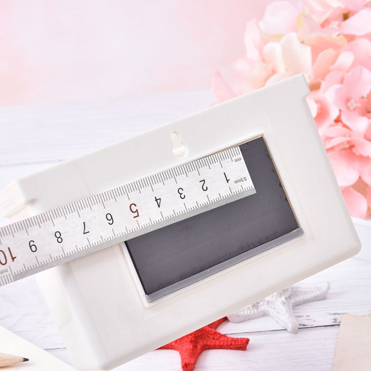 White magnetic storage box with chalkboard panel and visible size ruler