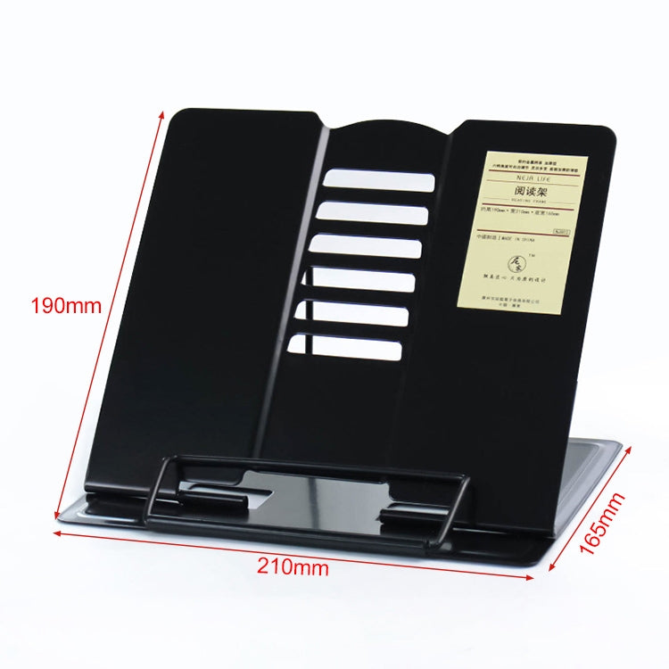 Black metal adjustable reading book stand, angled view with foldable base