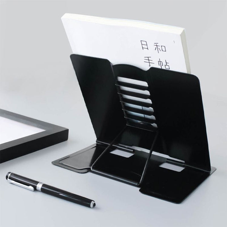 Black metal adjustable reading book stand with slotted page holders and base