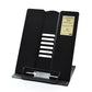 Black metal adjustable reading book stand, front view with slotted center support