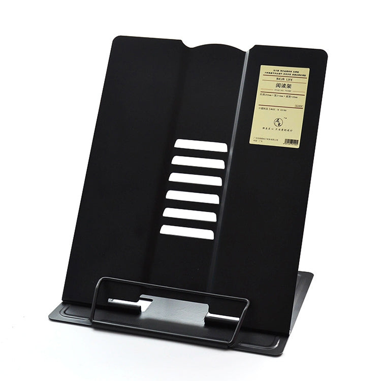 Black metal adjustable reading book stand, front view with slotted center support