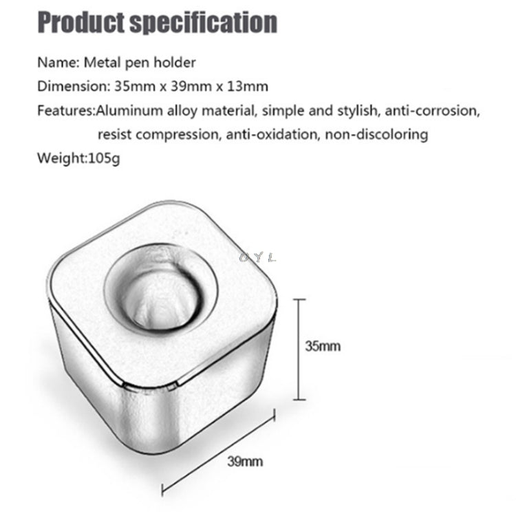Silver metal single-slot pen holder with circular opening and dimensions