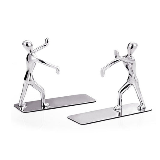 Set of two chrome humanoid book holders with flat non-slip bases for desk organizing.