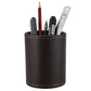Brown faux-leather pen holder organizer, round cylinder with tan interior and desk supplies.