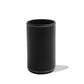 Black faux-leather pen holder organizer, upright round cylinder with stitched edge.