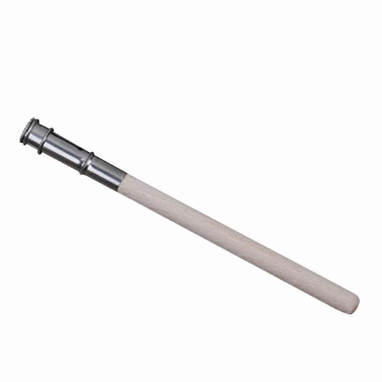 Wood pencil extender with silver metal end ring clamp and light wood body
