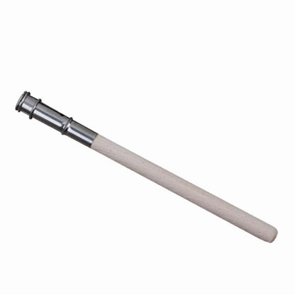 Wood pencil extender with silver metal end ring clamp and light wood body
