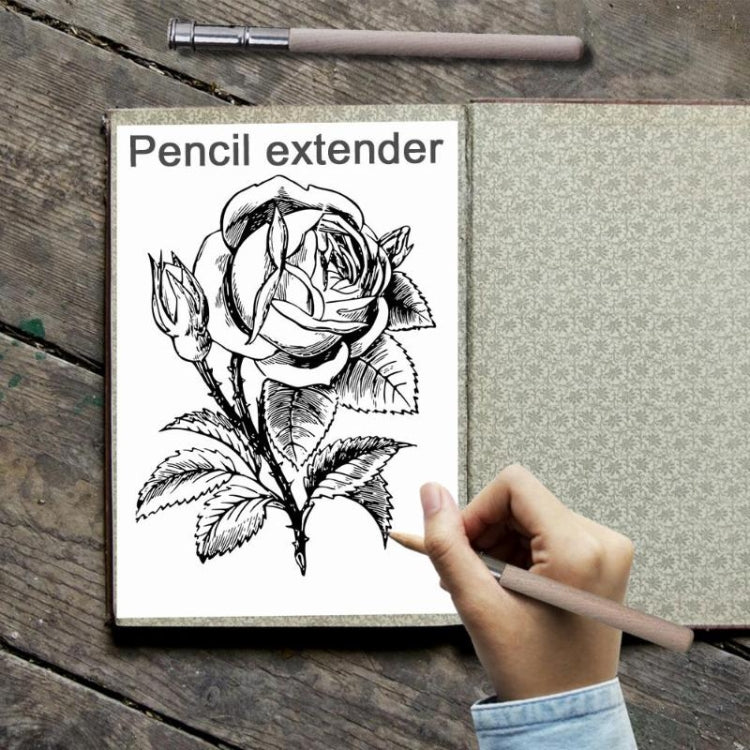 Wood pencil extender held for drawing, light wood body with silver end ring