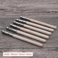 Wood pencil extenders with silver metal ends and light wood bodies, size indicated