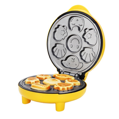 Mini double-sided cake/bread maker with yellow housing, open plates showing shaped molds