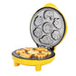 Mini double-sided cake/bread maker, yellow base and lid open, shaped cavities on plates