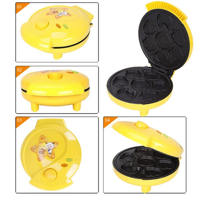 Mini double-sided baking machine, yellow body with hinged lid and open black mold plates