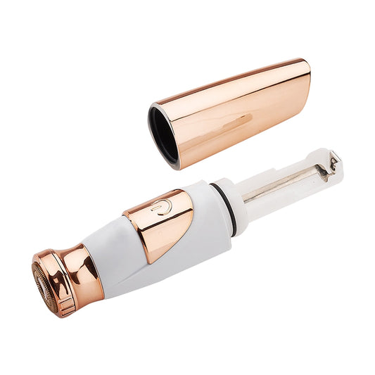 White and rose gold electric epilator with exposed cutter head, handheld design