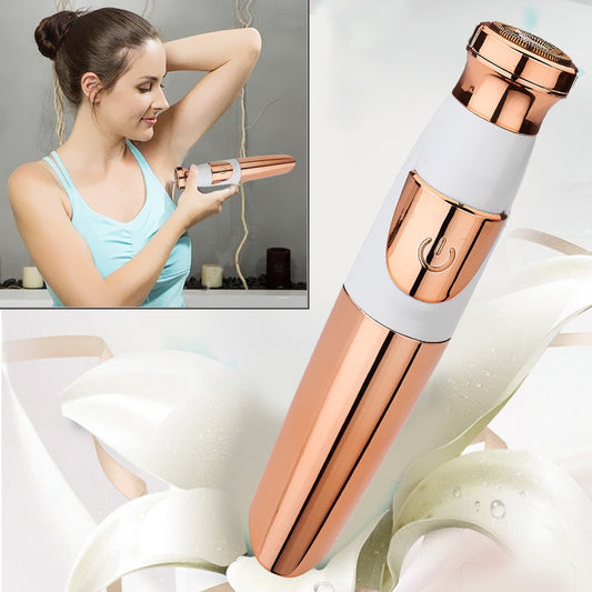 Rose gold and white lipstick-style electric epilator with cutter head, being used