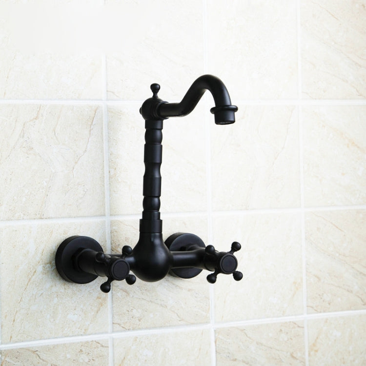 Wall-mounted bathroom faucet in black antique finish, curved spout with two side knobs