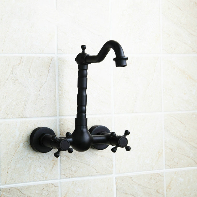 Wall-mounted bathroom faucet, black antique finish, curved spout and cross-style control knobs