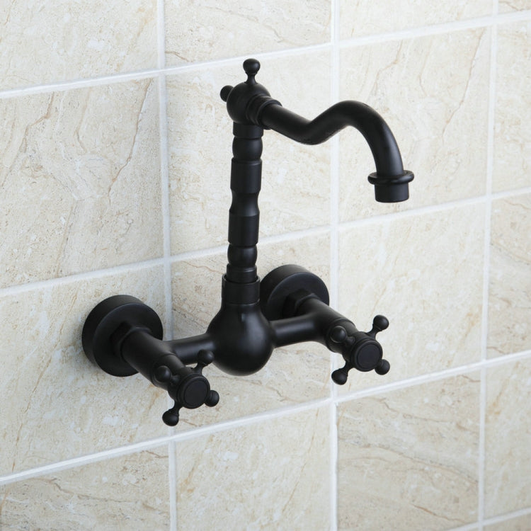 Wall-mounted bathroom faucet in black antique finish with two wall plates and side control knobs
