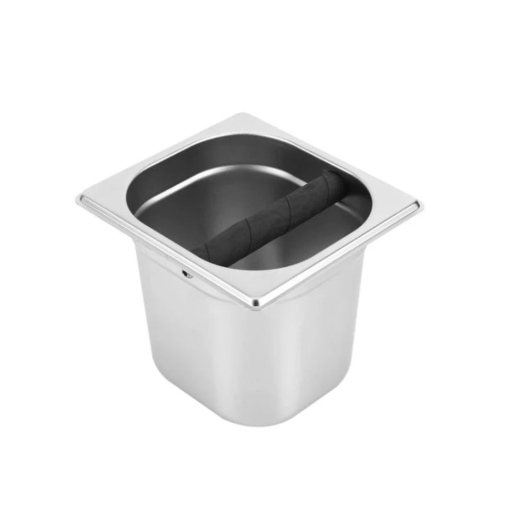 Stainless steel coffee grounds bucket with black scoop handle, square top