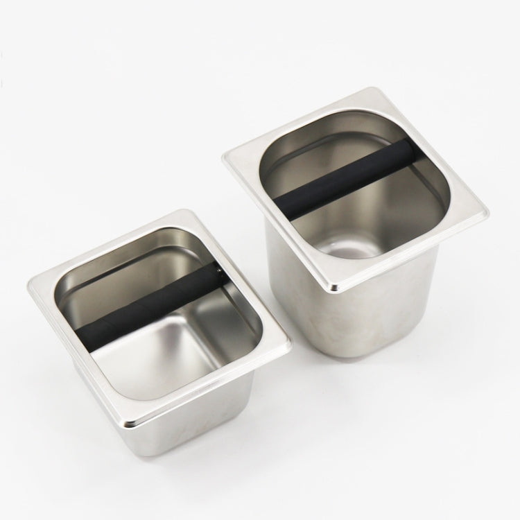 Two stainless steel coffee grounds containers with black scoop handles, different sizes
