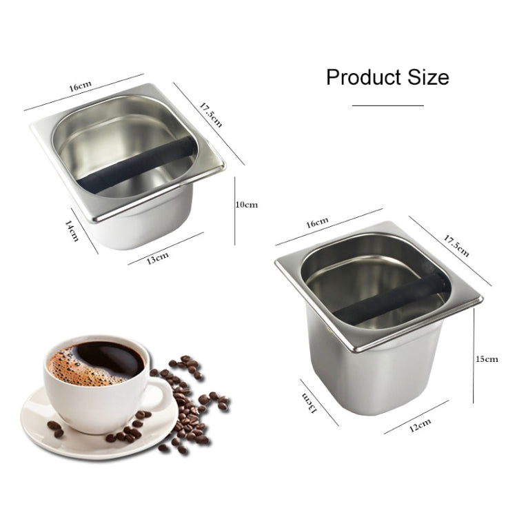 Stainless steel coffee grounds bucket with black scoop handle, shown with size guide