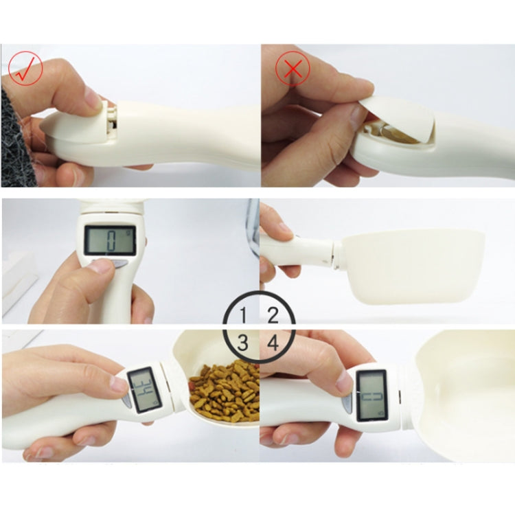 Electronic pet food measuring spoon being operated, with LCD weight readout